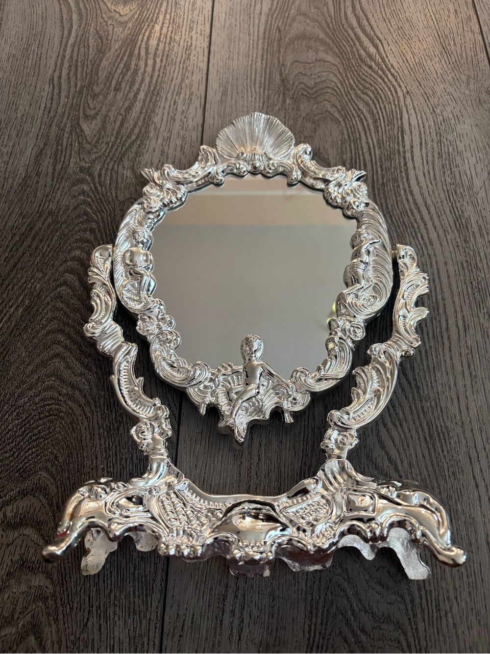 Ornate Silver Vanity Wall Mirror with Decorative Frame